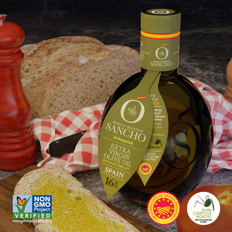 A bottle of Sancho Evoo Arbequina variety
