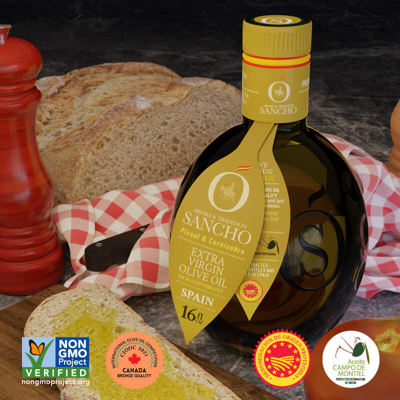 A bottle of Sancho Evoo Picual & cornicabra variety