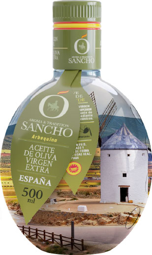 glass bottle of sancho with la mancha inside