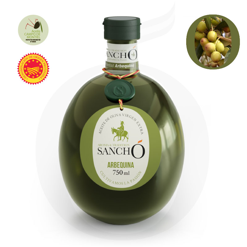 A bottle of Sancho Evoo Arbequina variety