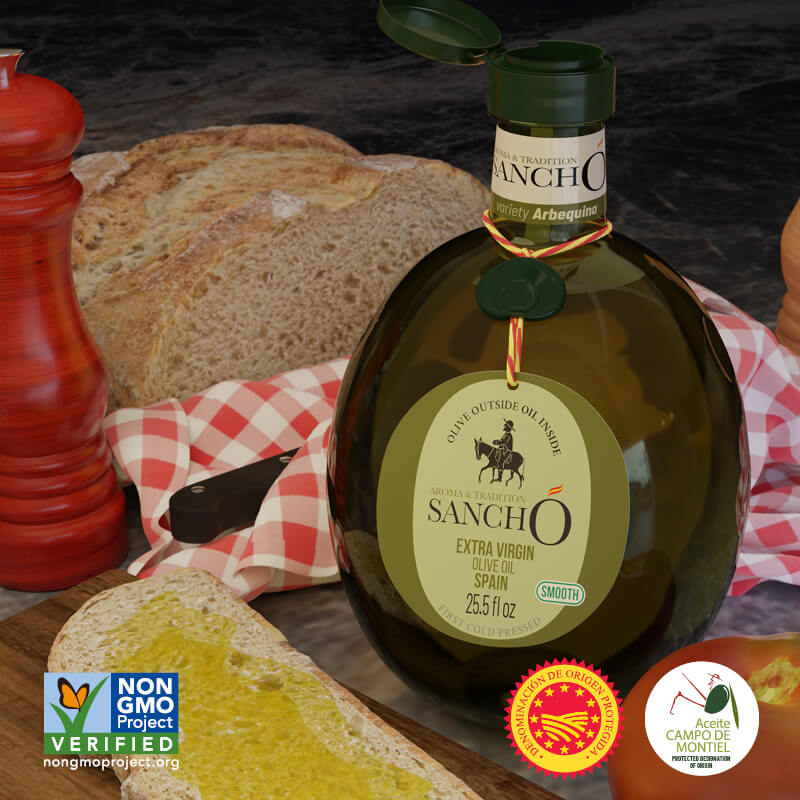 A bottle of Sancho Evoo Arbequina variety