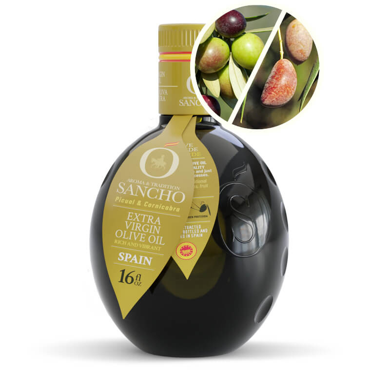 glass bottle of sancho picual & cornicabra variety