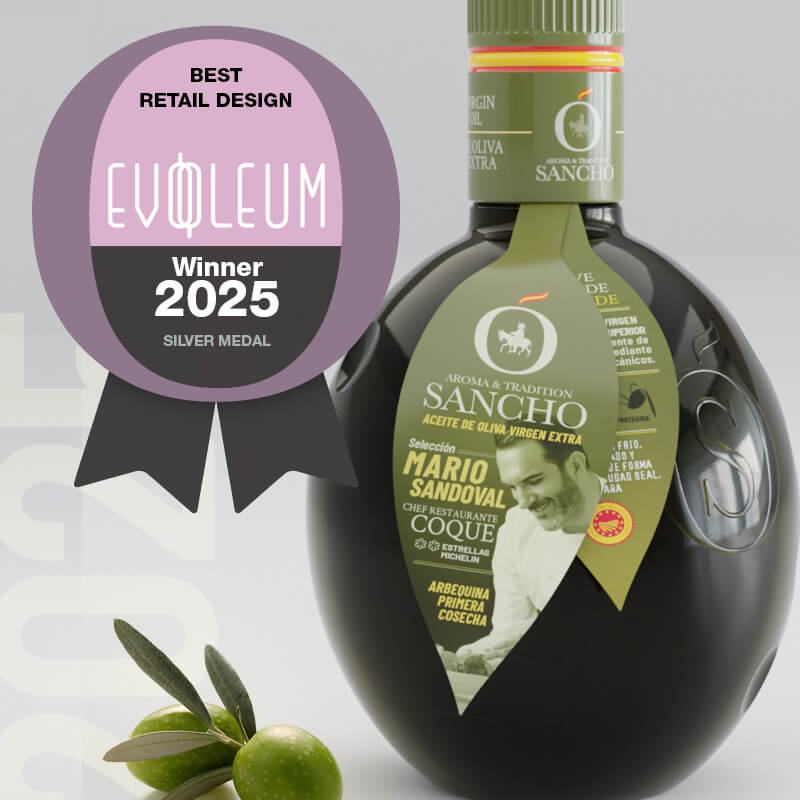 A bottle of Sancho Evoo Arbequina variety